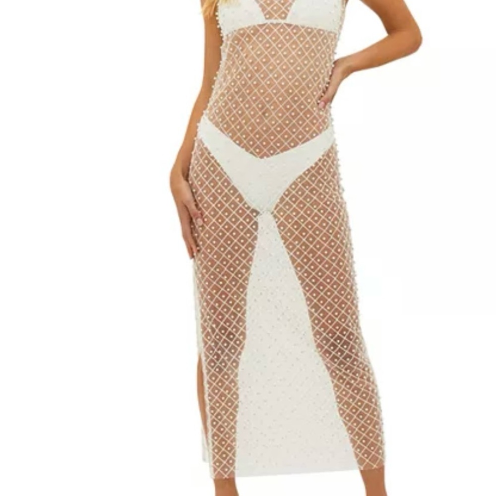 White Sheer Coverup with Pearl Detail